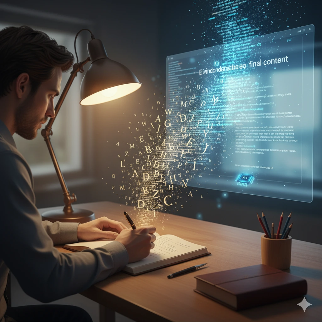 A man writing in a notebook while AI-generated letters flow into a digital screen, symbolizing the content shift in AI era.