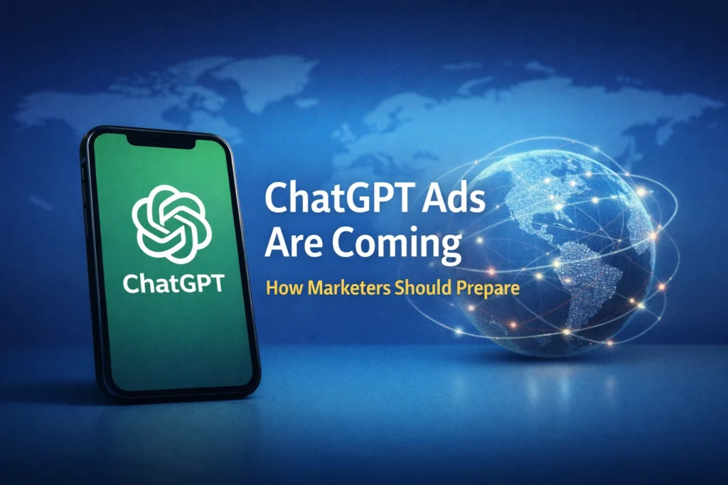 Featured image showing ChatGPT logo with global network graphic, representing the launch of ChatGPT ads and its impact on marketers.